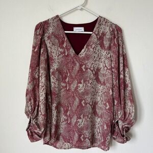 Adrienne Burgundy Red Snake Pattern Balloon Sleeve V-Neck Blouse Womens Small